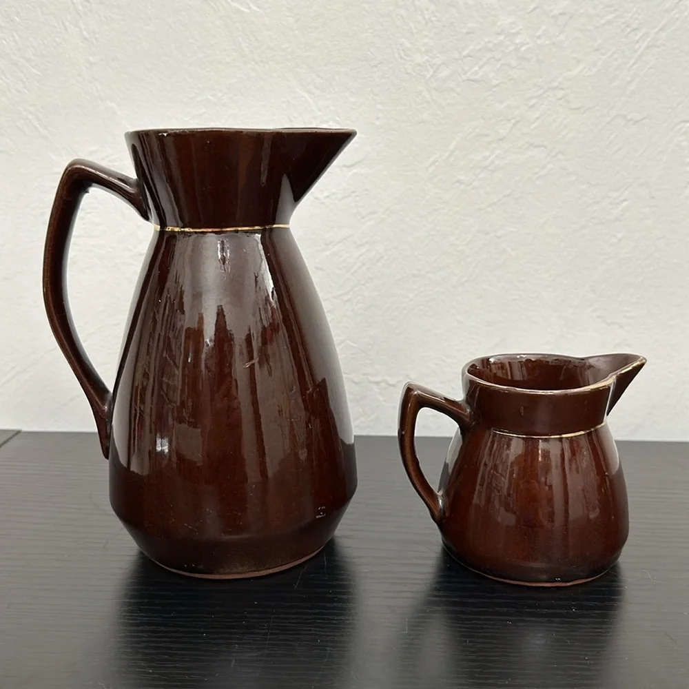Rooster Redware Moriage Pottery Milk Pitcher & Creamer Set Japan